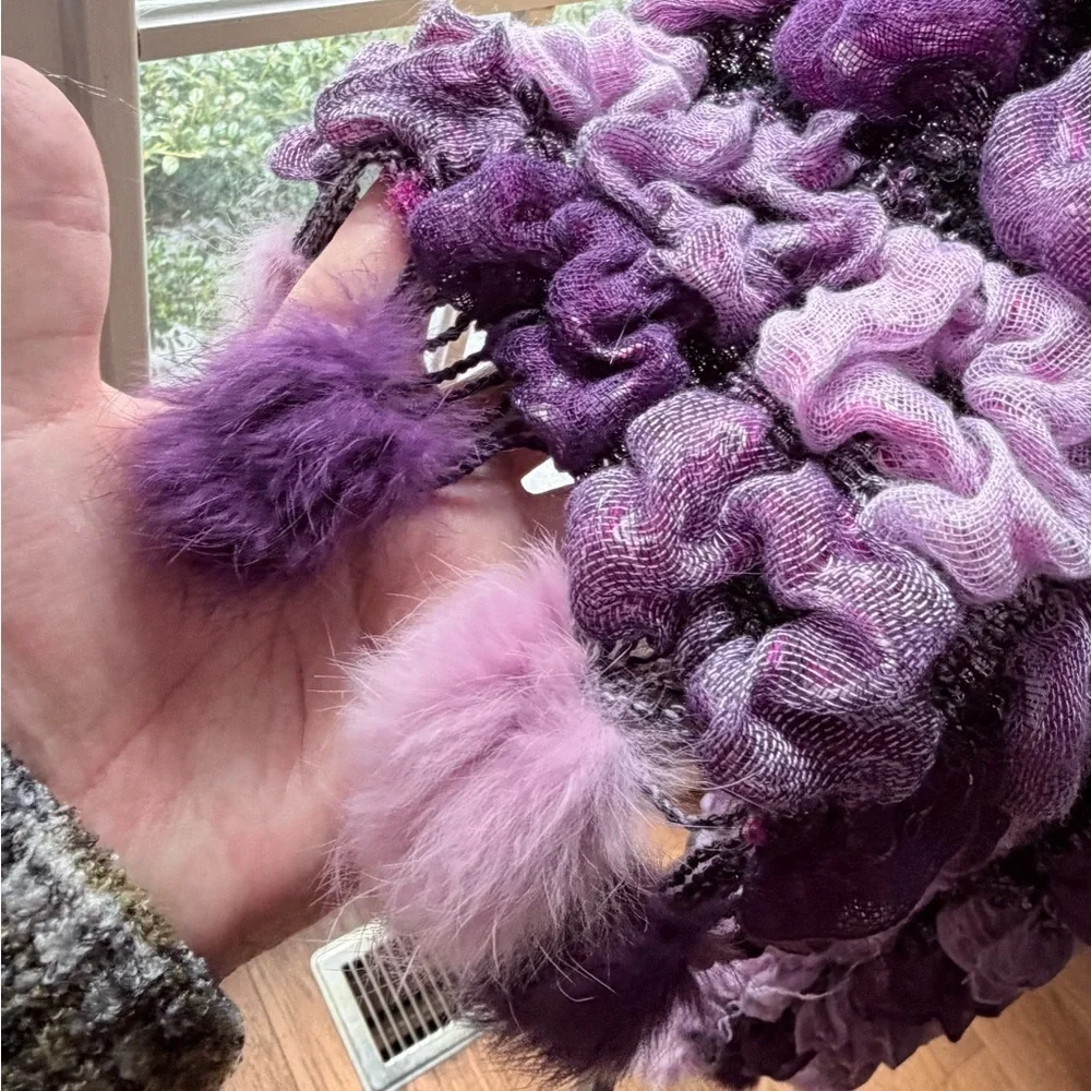 Luxurious Purple Art  Scarf with real fur